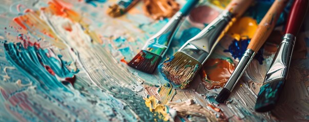 Colorful palette and paintbrushes on a canvas, 4K hyperrealistic photo