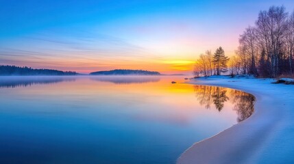 Fototapeta premium Sunrise over a Serene Lake. The calm, early morning light illuminating a serene lake with soft pastel colors.