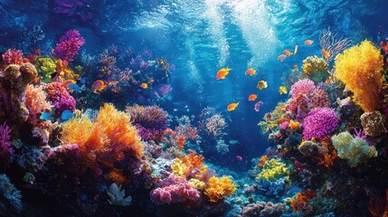 Fototapeta premium Lively Coral Reef Abuzz with Colorful Tropical Fish in Crystal Clear Waters