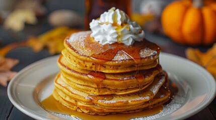 A delicious stack of fluffy pumpkin pancakes topped with maple syrup and whipped cream, set against a fall-themed backdrop.