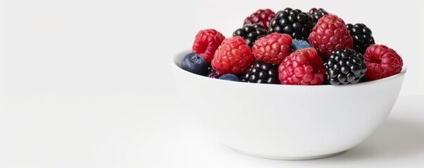 White ceramic bowl with berries on white background, 4K hyperrealistic photo