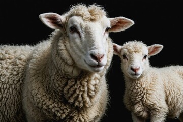 Naklejka premium Mother Sheep And Cute Baby Sheep Together In The Black Background