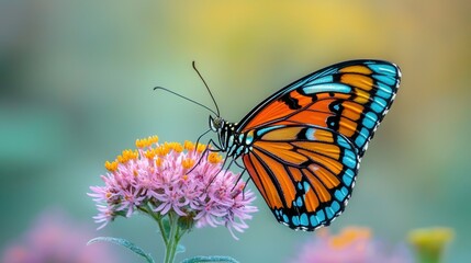Fototapeta premium Vibrant Close-up Shot of Colorful Butterfly Perched on Wildflower in Nature
