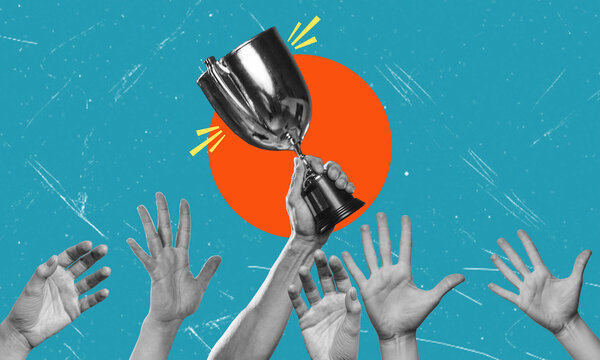 Modern art art collage depicting a hand holding a trophy and reaching for the trophy.