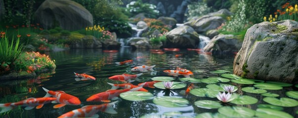 Tranquil pond with water lilies and koi fish, 4K hyperrealistic photo