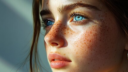 Fototapeta premium Portrait of a young woman with a sprinkle of freckles and mesmerizing azure eyes