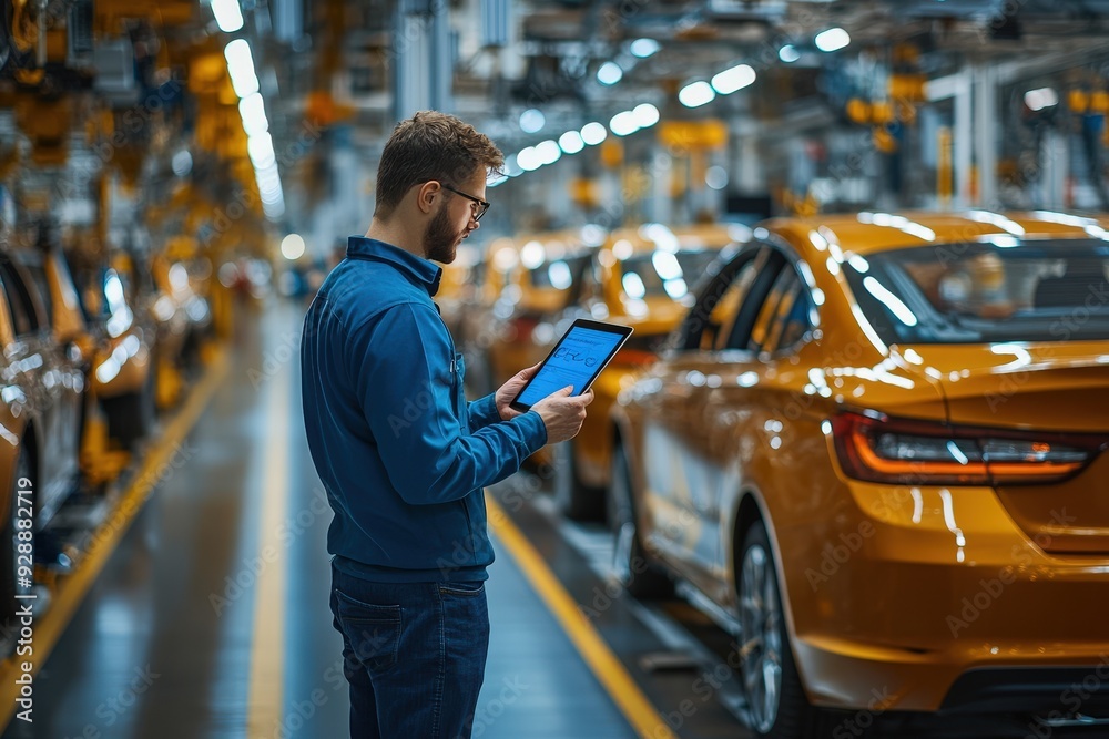 Aufkleber A worker inspects vehicle assembly operations while using a tablet in an automotive production line filled with orange cars