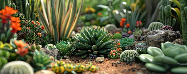 Fototapeta premium Succulent garden with various species, 4K hyperrealistic photo