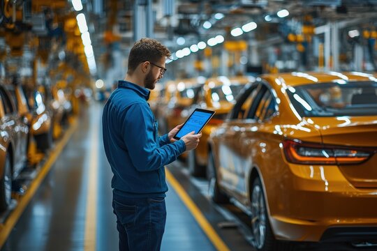 A worker inspects vehicle assembly operations while using a tablet in an automotive production line filled with orange cars