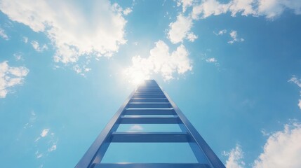 Ladder leading to blue sky and white clouds. Heaven staircase, business career progress growth and achievement. Way or path to climbing up, high top, challenge and opportunity, competition, goal