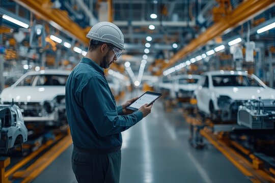 A worker in a hard hat reviews information on a tablet, overseeing an automobile assembly line with vehicles in various stages of construction