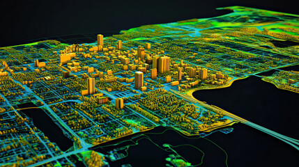 Fototapeta premium Technical aerial visual, 3D LiDAR GIS aerial map satellite scan model isolated, showing Gainesville. Elevation, topography, render