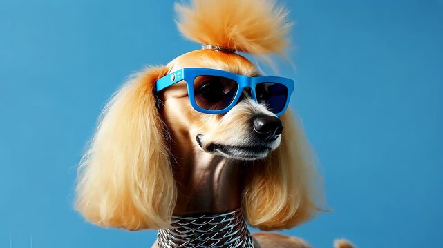Fashionable poodle wearing sunglasses scarf on blue background
