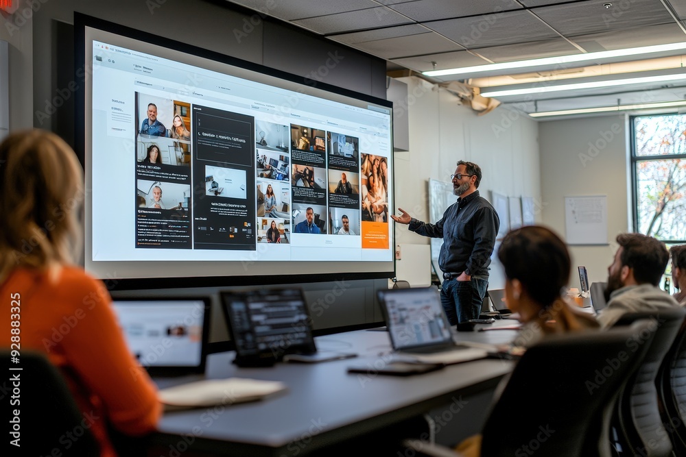Poster a speaker engages the audience while presenting a digital marketing plan using a large screen in a c