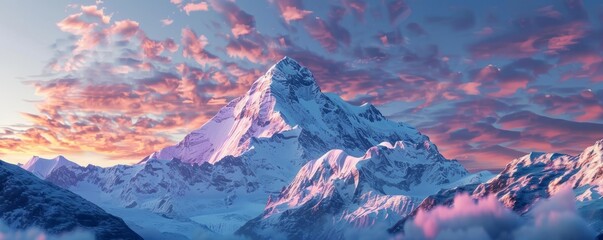 Majestic snowy mountain peak at sunrise, 4K hyperrealistic photo
