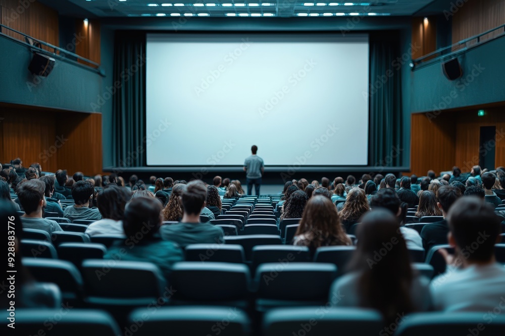 Poster a presenter addresses an attentive audience in a well-lit lecture hall, with a large screen ready fo