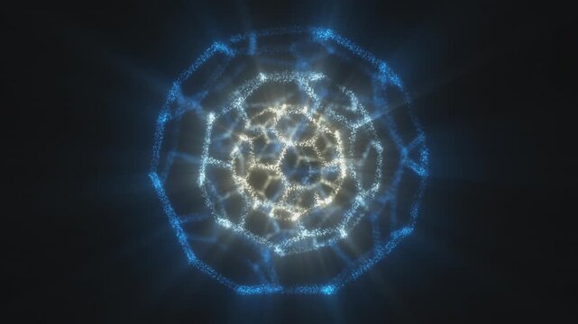 Spinning abstract 3in1 sphere of energy with magical glowing blue particles as polygons, on a black background, video in 4K