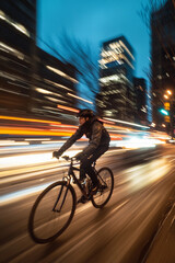Urban cyclist commuting through downtown during rush hour, car headlights streaking by