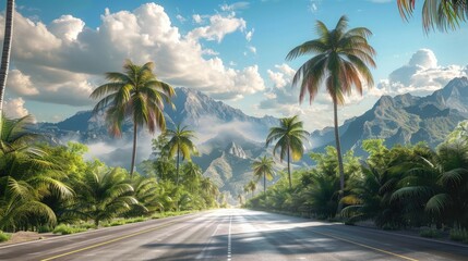 Fototapeta premium Road with palm trees next to it And there are mountains in the background.
