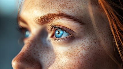 Fototapeta premium Natural beauty captured in a close-up of freckles and bright blue eyes