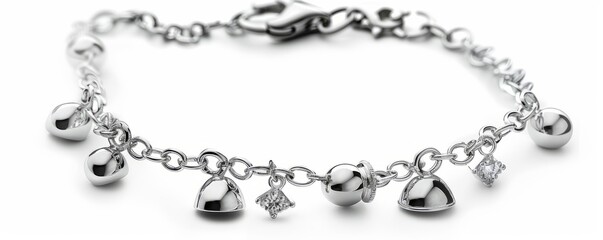 Shiny silver bracelet with charms on white background, 4K hyperrealistic photo