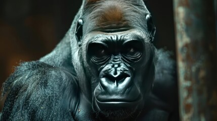 A close-up image of a gorilla looking directly at the camera.