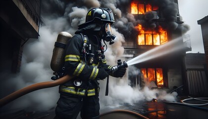 Brave Firefighter Battling Intense Urban Blaze With Courage And Determination.  Flames and smoke fill the building, emphasizing the bravery and urgency of emergency responders in action.