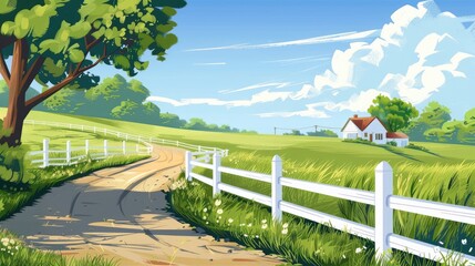 Fototapeta premium Countryside with white fence along country road with houses in the background