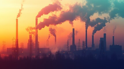 Silhouette of an industrial plant at sunset with smoke plumes from chimneys against a colorful sky.