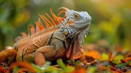 Fototapeta premium A green iguana with a bright red and yellow colorful tail sitting in the middle of leaves with autum