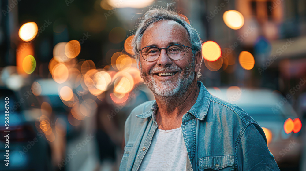 Poster confident mature man in casual attire standing on urban street at dusk with city backdrop