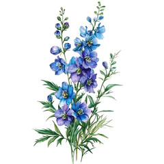 Obraz premium A vibrant bouquet of blue delphinium flowers with delicate petals and lush green leaves, perfect for floral designs.