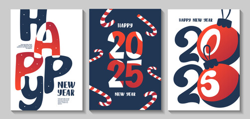 Set of flyer, poster, banner, brochure design templates for Happy new year 2025. Blue and red colors. Perfect for invitation, card.