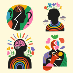 Vector illustration with abstract man silhouette, flowers, rainbow and geometric abstract elements. Mental health, positive psychology, bad emotions and feeling broken inside set