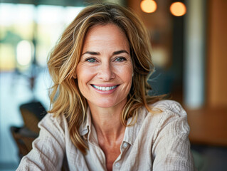 Fototapeta premium A woman with blonde hair and a tan shirt is smiling