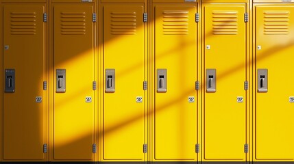 A row of locked yellow school lockers