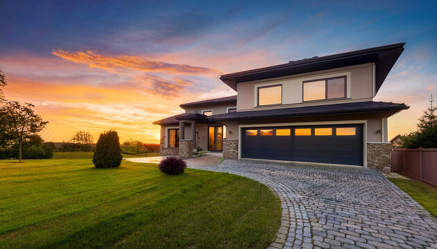 Evening dusk sunset sky, cobblestone driveway, grass lawn meadow, beautiful landscape, exterior view of luxury house home and garage building modern architecture
