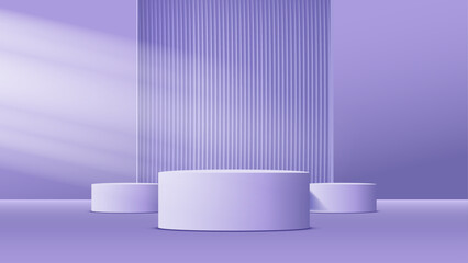 3d abstract product display podium scene with shape geometric background. Purple minimal wall scene platform with cylinder pedestal.Vector 3d rendering shape for product stage showcase or presentation
