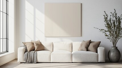 Picture a transparent wall art mock-up of picture fame inside a contemporary living room with a sofa and a plant in a vase on a white wall.
