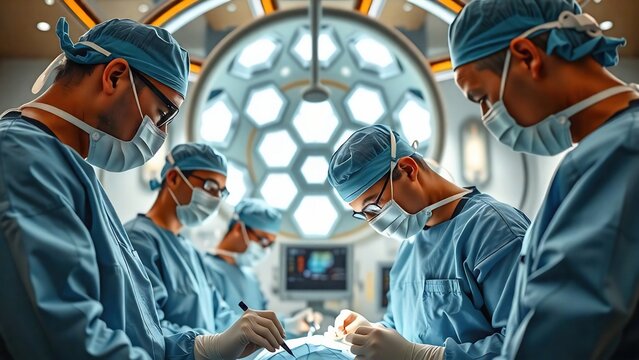 Cirujanos en quir&oacute;fano de hospital. Vestidos con traje quir&uacute;rgico, gorro y cubre bocas. 