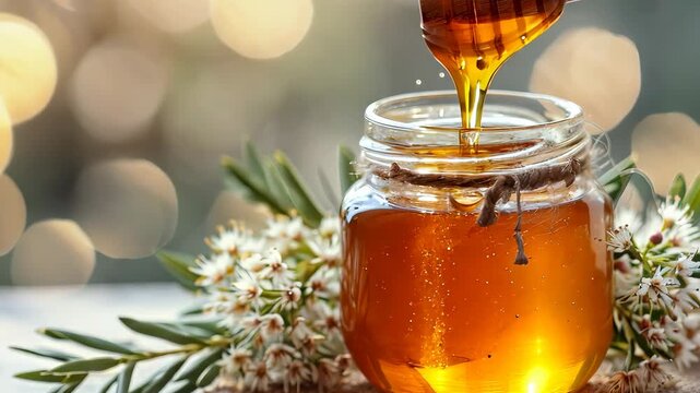 Honey drizzling from wooden dipper into glass jar with manuka flowers