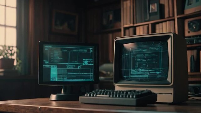Retro Computer Setup with Two Monitors in a Home Office