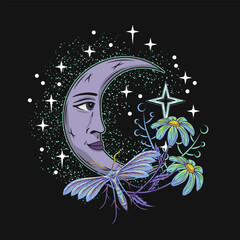 Composition with crescent moon with face, night butterfly, moth, flowers, scattered stars. Mythological fairytale, mystical concept. For clothing, apparel, T-shirts, kids design © OA_Creation