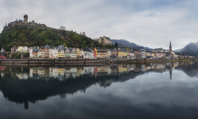 Panoramic view of Cochem Skyline with Cochem Castle and St Martin Church - Cochem, Rhineland-Palatinate, Germany