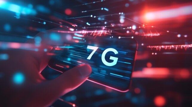 Smartphone in hand with 7G network concept and futuristic neon bokeh background