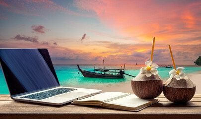 Remote work from island, Turquoise crystal sea, coconut juice and plumeria flower, frangipani, Remote work from topical Island. Coconut, MacBook Pro remote work