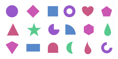 Collection of Basic Geometric Figures in Different Colors - Set of Simple Geometric Shapes Isolated on Transparent Background - Minimalist Vector Shapes Pack for Designs