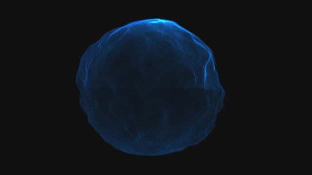 Abstract blue looped mesh energy sphere of particles and waves of magical glow on dark background, 4k video