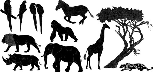 African animals and birds set Natural Look Black Vector Silhouette Design Element