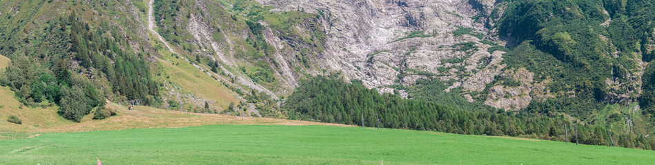 Idyllic Landscape Showing A Green Meadow Surrounded By Forest And The Rocky Mountains Of The Alps